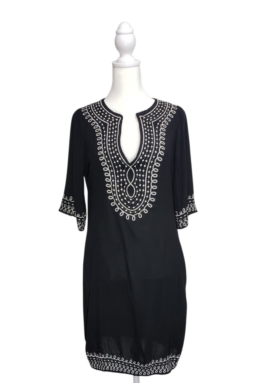 Paradise Black Tunic Dress M Boho Embroidery Peasant Folk Cottagecore Shift